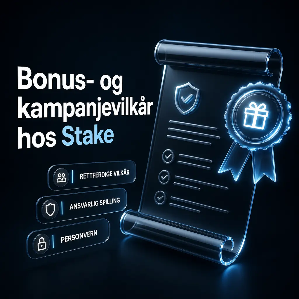 Illustrasjon som viser bonus- og kampanjevilkår hos Stake, inkludert regler for gjennomspilling og kontoverifisering