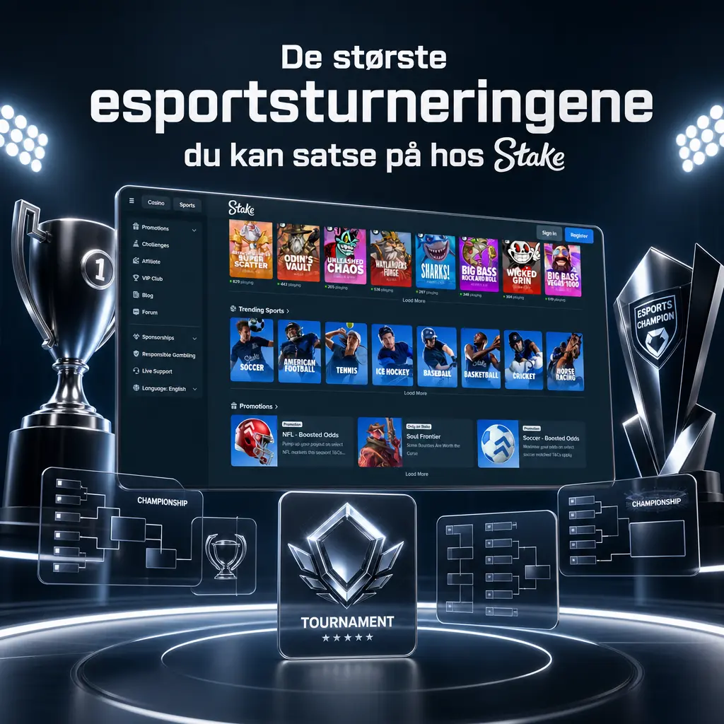 Oversikt over de største esportsturneringene for CS2, Dota 2, LoL, Valorant, SC2, Mobile Legends og Rainbow Six Siege hos Stake.