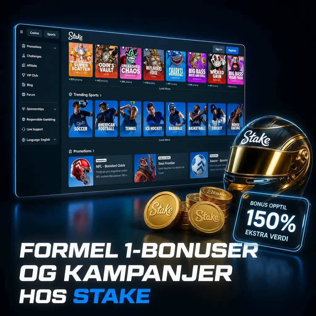 Formel 1-bonuser og kampanjer hos Stake: oddsforsterkninger, ukentlige konkurranser og spesialtilbud under Grand Prix-helger.
