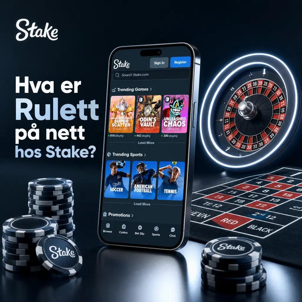 Rulett-hjul med tall og farger, illustrerer online rulettspill hos Stake med sanntidsstreaming.