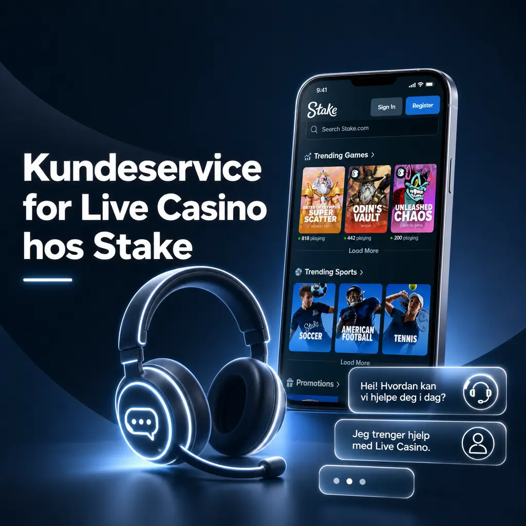 Kundeservice for Live Casino hos Stake, tilgjengelig 24/7 via live chat, e-post, Discord og hjelpesenter for norske spillere.