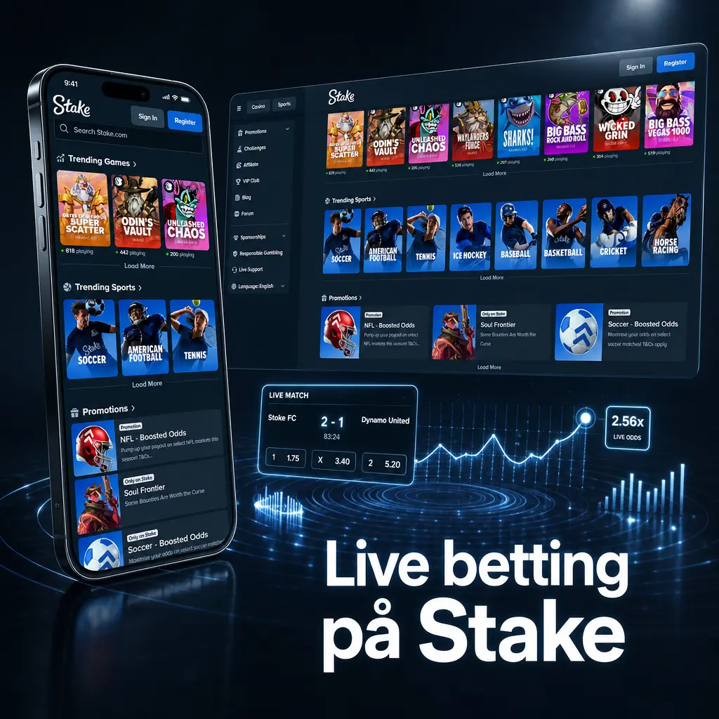 Live betting på Stake med oddsjustering i sanntid for fotball, tennis, basketball, ishockey og esport.