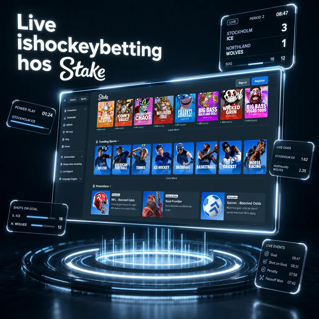 Live ishockeybetting hos Stake: oppdatert odds, periodemarkeder og kampstatistikk i sanntid for rask innsatsplassering.