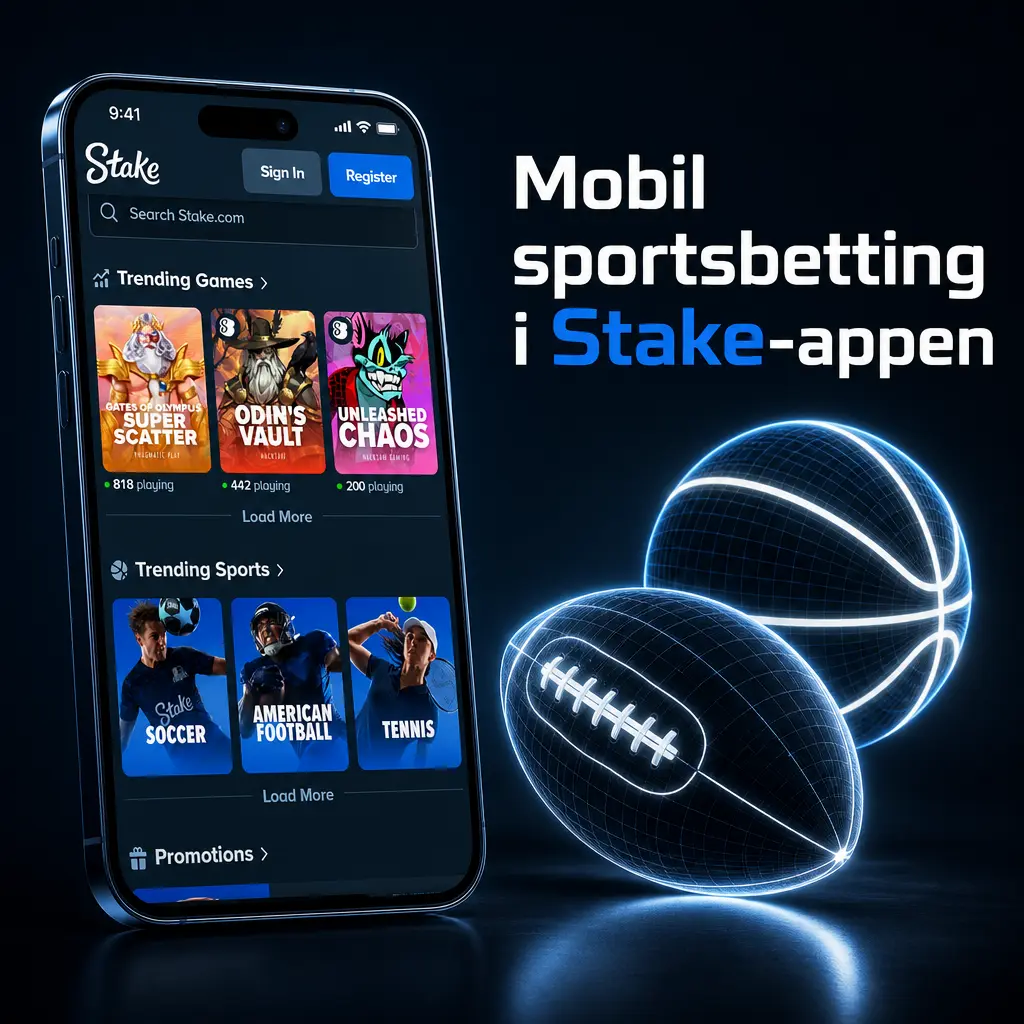 Skjermbilde av Stake-appen som viser mobil sportsbetting med Live- og Line-odds for fotball, håndball og e-sport i Norge.