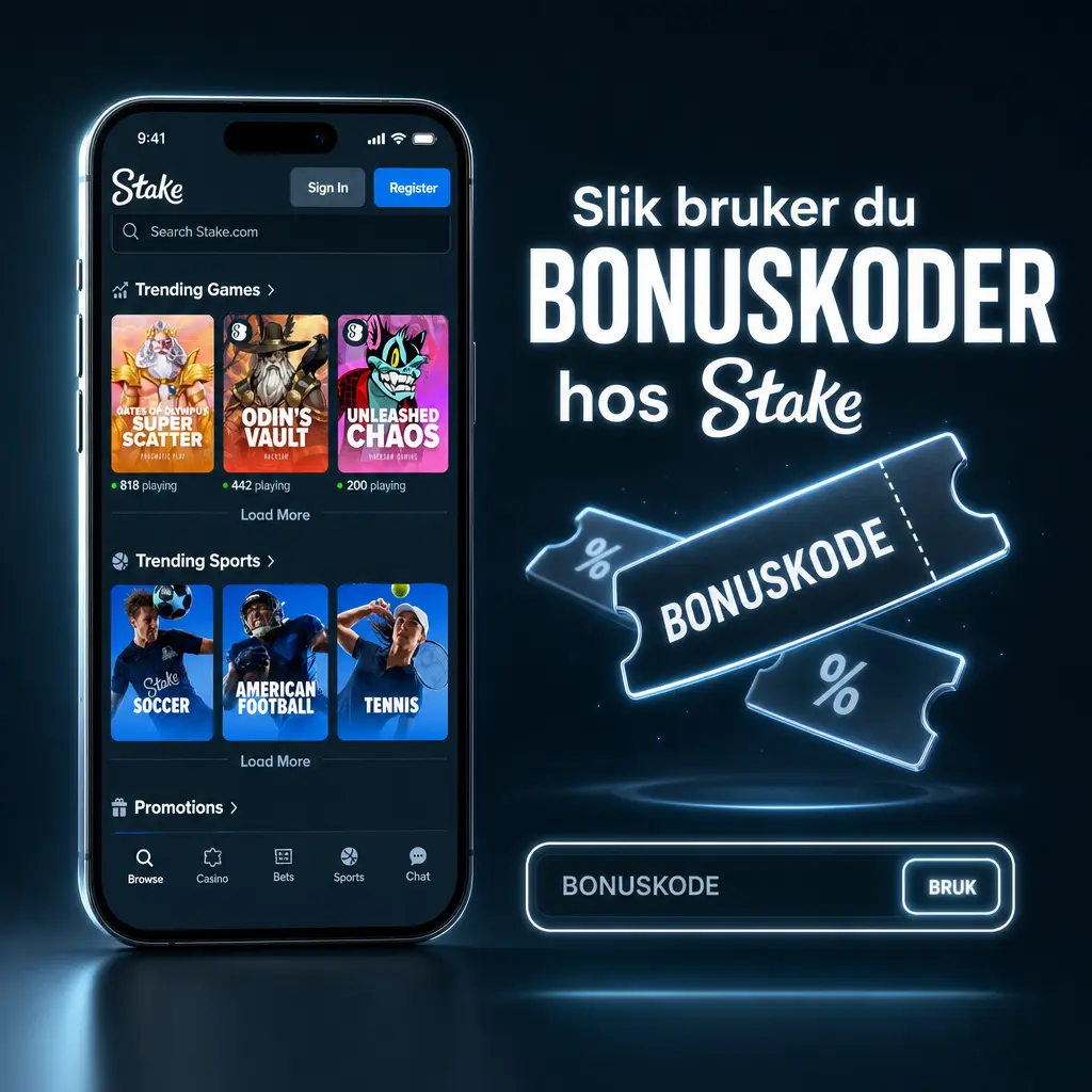 Bruksanvisning for bonuskoder hos Stake: registrer konto, skriv inn kampanjekode og sett inn innskudd for å få bonus.