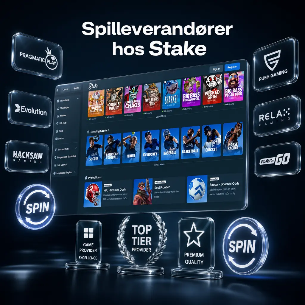 Stake tilbyr over 70 spilleverandører som Pragmatic Play, Hacksaw Gaming og Nolimit City med varierte spilleautomater.