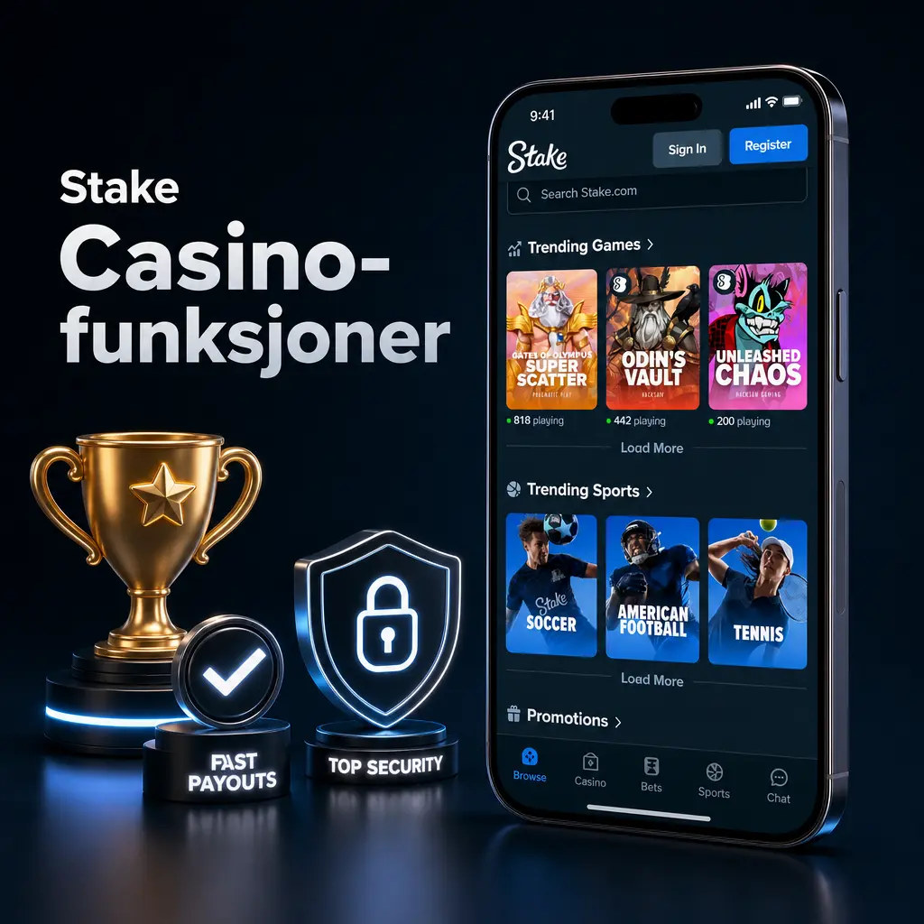 Illustrasjon av Stake Casino-funksjoner som rask uttak, provably fair-teknologi, VIP-program og sikker mobilspilling