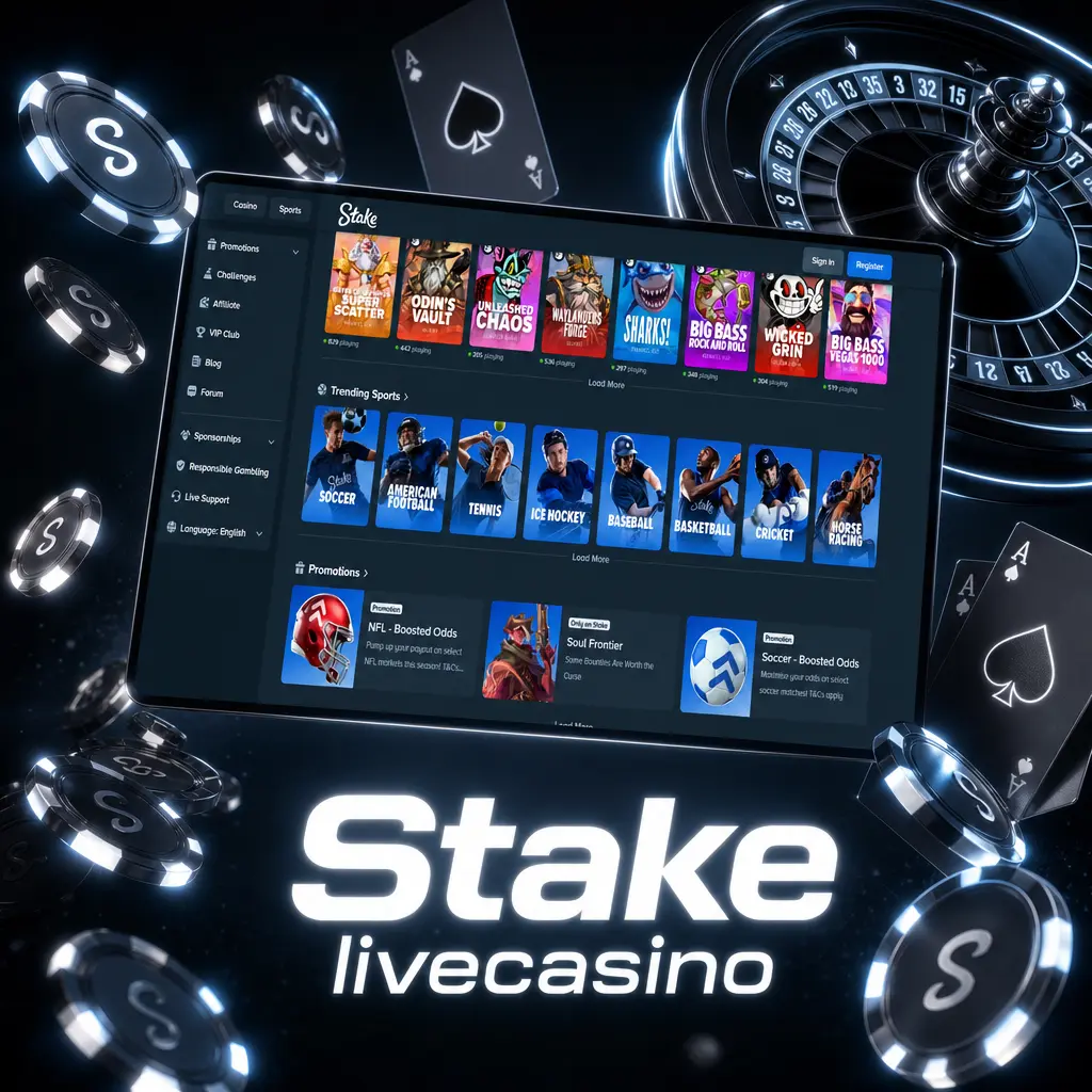 Stake livecasino med ekte dealere via videostrøm – blackjack, rulett, baccarat, game shows og poker.