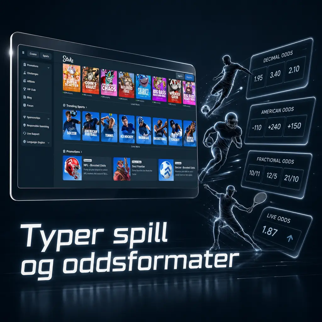 Illustrasjon som viser ulike oddsformater og spilltyper: faste odds, live-odds, Asian Handicap, over/under og cash out.